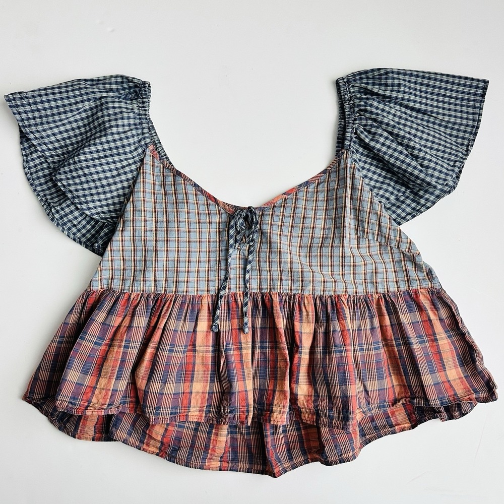 American Eagle V-Neck Babydoll Top Size Large Plaid Flutter Sleeves Cropped